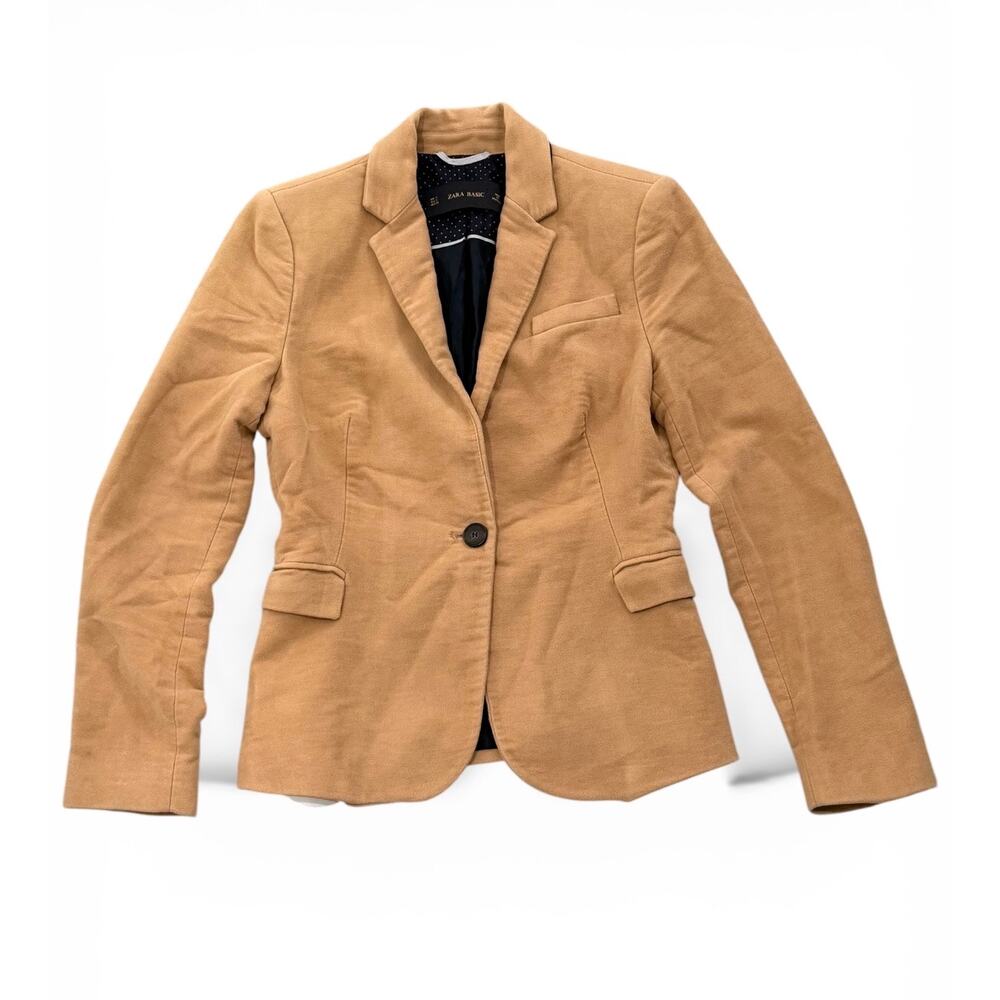 Zara Basic Camel Blazer Women S Elbow Patch Tan Preppy Jacket - Picture 2 of 5